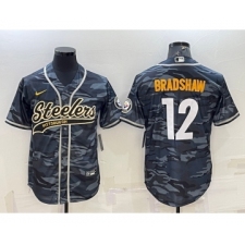 Men's Pittsburgh Steelers #12 Terry Bradshaw Grey Navy Camo With Patch Cool Base Stitched Baseball Jersey