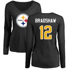 NFL Women's Nike Pittsburgh Steelers #12 Terry Bradshaw Black Name & Number Logo Slim Fit Long Sleeve T-Shirt