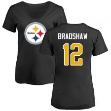 NFL Women's Nike Pittsburgh Steelers #12 Terry Bradshaw Black Name & Number Logo Slim Fit T-Shirt