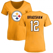 NFL Women's Nike Pittsburgh Steelers #12 Terry Bradshaw Gold Name & Number Logo Slim Fit T-Shirt