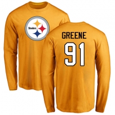 NFL Nike Pittsburgh Steelers #91 Kevin Greene Gold Name & Number Logo Long Sleeve T-Shirt