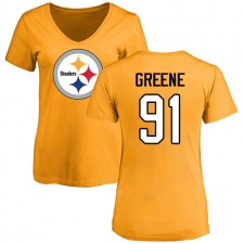 NFL Women's Nike Pittsburgh Steelers #91 Kevin Greene Gold Name & Number Logo Slim Fit T-Shirt
