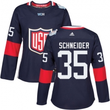 Women's Adidas Team USA #35 Cory Schneider Authentic Navy Blue Away 2016 World Cup Hockey Jersey