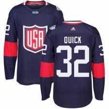 Men's Adidas Team USA #32 Jonathan Quick Authentic Navy Blue Away 2016 World Cup Ice Hockey Jersey