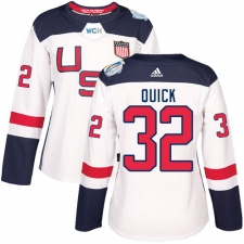 Women's Adidas Team USA #32 Jonathan Quick Authentic White Home 2016 World Cup Hockey Jersey