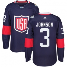 Men's Adidas Team USA #3 Jack Johnson Premier Navy Blue Away 2016 World Cup Ice Hockey Jersey
