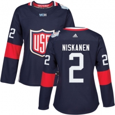Women's Adidas Team USA #2 Matt Niskanen Authentic Navy Blue Away 2016 World Cup Hockey Jersey