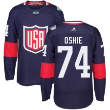 Men's Adidas Team USA #74 T. J. Oshie Authentic Navy Blue Away 2016 World Cup Ice Hockey Jersey