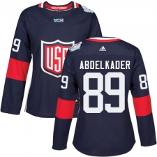 Women's Adidas Team USA #89 Justin Abdelkader Authentic Navy Blue Away 2016 World Cup Hockey Jersey