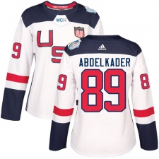 Women's Adidas Team USA #89 Justin Abdelkader Authentic White Home 2016 World Cup Hockey Jersey