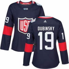 Women's Adidas Team USA #19 Brandon Dubinsky Authentic Navy Blue Away 2016 World Cup Hockey Jersey