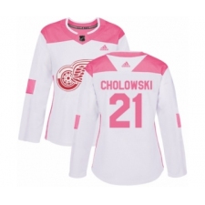 Women's Adidas Detroit Red Wings #21 Dennis Cholowski Authentic White Pink Fashion NHL Jersey