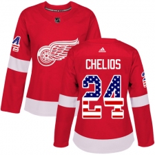 Women's Adidas Detroit Red Wings #24 Chris Chelios Authentic Red USA Flag Fashion NHL Jersey