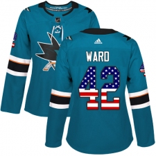 Women's Adidas San Jose Sharks #42 Joel Ward Authentic Teal Green USA Flag Fashion NHL Jersey
