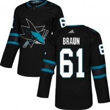 Men's Adidas San Jose Sharks #61 Justin Braun Premier Black Alternate NHL Jersey