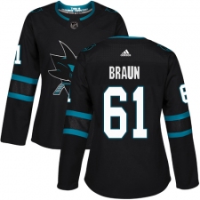 Women's Adidas San Jose Sharks #61 Justin Braun Premier Black Alternate NHL Jersey