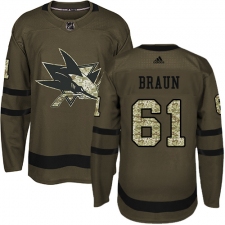 Youth Adidas San Jose Sharks #61 Justin Braun Authentic Green Salute to Service NHL Jersey