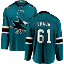 Youth San Jose Sharks #61 Justin Braun Fanatics Branded Teal Green Home Breakaway NHL Jersey