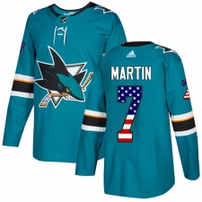 Men's Adidas San Jose Sharks #7 Paul Martin Authentic Teal Green USA Flag Fashion NHL Jersey