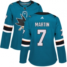 Women's Adidas San Jose Sharks #7 Paul Martin Authentic Teal Green Home NHL Jersey