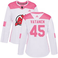 Women's Adidas New Jersey Devils #45 Sami Vatanen Authentic White Pink Fashion NHL Jersey