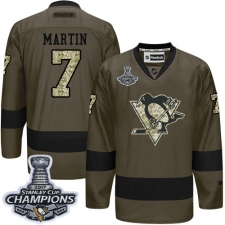 Men's Reebok Pittsburgh Penguins #7 Paul Martin Authentic Green Salute to Service 2017 Stanley Cup Champions NHL Jersey