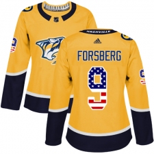 Women's Adidas Nashville Predators #9 Filip Forsberg Authentic Gold USA Flag Fashion NHL Jersey