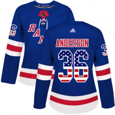 Women's Adidas New York Rangers #36 Glenn Anderson Authentic Royal Blue USA Flag Fashion NHL Jersey