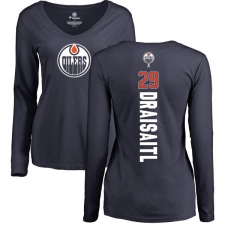 NHL Women's Adidas Edmonton Oilers #29 Leon Draisaitl Navy Blue Backer Slim Fit Long Sleeve T-Shirt