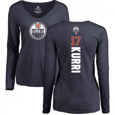 NHL Women's Adidas Edmonton Oilers #17 Jari Kurri Navy Blue Backer Slim Fit Long Sleeve T-Shirt