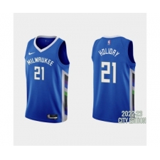 Men's Milwaukee Bucks #21 Jrue Holiday 2022-23 City Edition Blue Stitched Basketball Jersey
