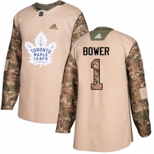 Youth Adidas Toronto Maple Leafs #1 Johnny Bower Authentic Camo Veterans Day Practice NHL Jersey