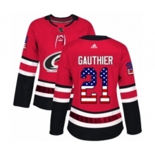 Women's Adidas Carolina Hurricanes #21 Julien Gauthier Authentic Red USA Flag Fashion NHL Jersey Jersey