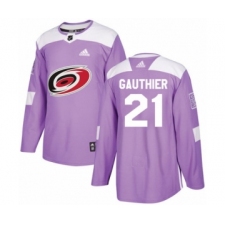Youth Adidas Carolina Hurricanes #21 Julien Gauthier Authentic Purple Fights Cancer Practice NHL Jersey