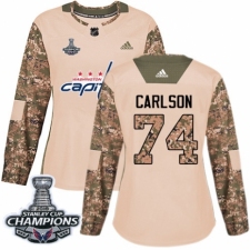 Women's Adidas Washington Capitals #74 John Carlson Authentic Camo Veterans Day Practice 2018 Stanley Cup Final Champions NHL Jersey