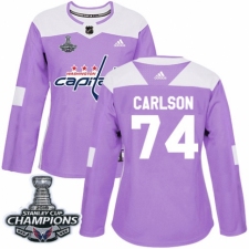 Women's Adidas Washington Capitals #74 John Carlson Authentic Purple Fights Cancer Practice 2018 Stanley Cup Final Champions NHL Jersey