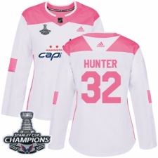 Women's Adidas Washington Capitals #32 Dale Hunter Authentic White Pink Fashion 2018 Stanley Cup Final Champions NHL Jersey