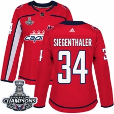 Women's Adidas Washington Capitals #34 Jonas Siegenthaler Authentic Red Home 2018 Stanley Cup Final Champions NHL Jersey