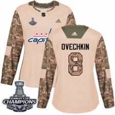 Women's Adidas Washington Capitals #8 Alex Ovechkin Authentic Camo Veterans Day Practice 2018 Stanley Cup Final Champions NHL Jersey