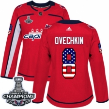 Women's Adidas Washington Capitals #8 Alex Ovechkin Authentic Red USA Flag Fashion 2018 Stanley Cup Final Champions NHL Jersey