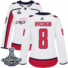 Women's Adidas Washington Capitals #8 Alex Ovechkin Authentic White Away 2018 Stanley Cup Final Champions NHL Jersey