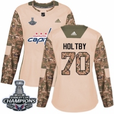 Women's Adidas Washington Capitals #70 Braden Holtby Authentic Camo Veterans Day Practice 2018 Stanley Cup Final Champions NHL Jersey