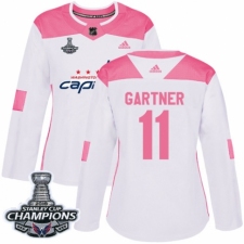 Women's Adidas Washington Capitals #11 Mike Gartner Authentic White Pink Fashion 2018 Stanley Cup Final Champions NHL Jersey
