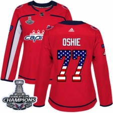 Women's Adidas Washington Capitals #77 T.J. Oshie Authentic Red USA Flag Fashion 2018 Stanley Cup Final Champions NHL Jersey
