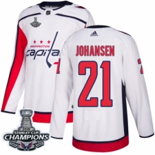 Men's Adidas Washington Capitals #21 Lucas Johansen Authentic White Away 2018 Stanley Cup Final Champions NHL Jersey