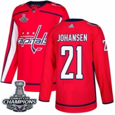 Men's Adidas Washington Capitals #21 Lucas Johansen Premier Red Home 2018 Stanley Cup Final Champions NHL Jersey