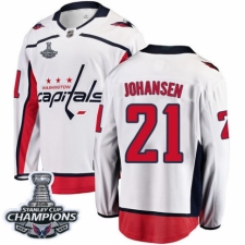 Men's Washington Capitals #21 Lucas Johansen Fanatics Branded White Away Breakaway 2018 Stanley Cup Final Champions NHL Jersey