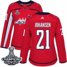 Women's Adidas Washington Capitals #21 Lucas Johansen Authentic Red Home 2018 Stanley Cup Final Champions NHL Jersey