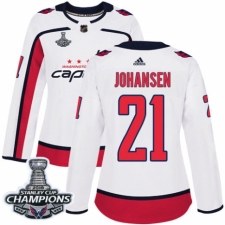 Women's Adidas Washington Capitals #21 Lucas Johansen Authentic White Away 2018 Stanley Cup Final Champions NHL Jersey