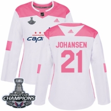 Women's Adidas Washington Capitals #21 Lucas Johansen Authentic White Pink Fashion 2018 Stanley Cup Final Champions NHL Jersey